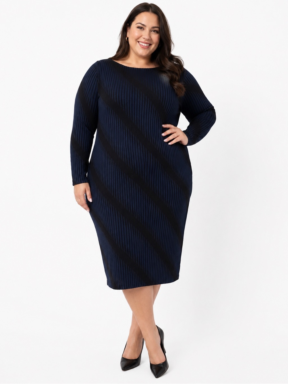 Sharagano Women’s 3/4 Sleeve Shift Dress in Blue/Black Stripe Sz 16